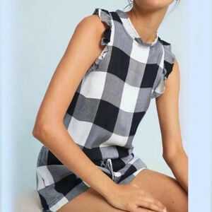 Anthropolgie Cloth & Stone Buffalo Check‎ Plaid Ruffle Romper Size Medium